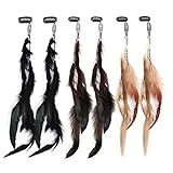 MWOOT 6 Stück Federn Haarextensions, Kopfschmuck Haarverlängerungen mit Federn, Boho Haarschmuck für Faschingskostüm Karneval Halloween Verkleiden, Damen Cosplay Haardeko Zubehör Feder Haarspangen