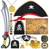 kayqbonke 11-Teilig Piratenkostüm Kinder, Umfassen Pirate Hat, Piratensäbel, Augenklappe Pirat, Schatzkarte, Fernrohr Kinder, Piratenkostüm für Karneval, Halloween und Piraten Party