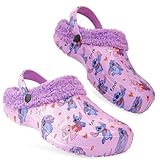 Disney Stitch Clogs Hausschuhe Damen, Plüsch Hausschuhe mit Fleecefutter & abnehmbaren Ansteckern (Violett Stitch, 37/38 EU)