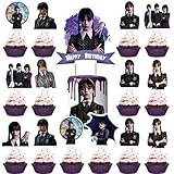 25 Stück Wednesday Tortendeko,mit Happy Birthday Kuchendeko,24 Cupcake Toppers,Wednesday Kuchen Topper Geburtstag Deko