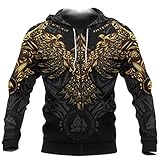 3D Print Gold Krähe Tattoo Hoodie, Nordische Wikinger Mythologie Odin Raven Pullover Hoodie, Unisex Casual Loose Streetwear Sweatshirt,Zip,L