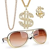 FLOFIA 4-er Set Dollar Kette Dollarzeichen Ring Rockstar Brille Rapper Set Schmuck Gangster 80er 90er Outfit Herren Kostüm Hiphop Schmuck Gold Millionär für Fasching Karneval
