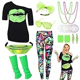 80er Jahre Outfit Damen 80 er Jahre Fasching Kostüm Zubehör Rosa Set mit Bauchtasche Haarband Ohrring Netzhandschuhe Gläser Armband Halskette Leggings Neon Kleidung Bad Taste Outfit Damen VL017XXL