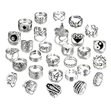 Hifot 29 Stück Y2K Ringe für Damen Männer Gothic Emo Ringe Silber Set, Punk Grunge Vintage Ringe Herz, Schlange Blume Schmetterling Yin Yang Totenkopf Frosch Y2K Accessoires Schmuck
