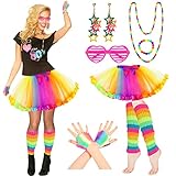 Hifot 80er Jahre Outfit Damen Accessoires,Kostüm 80er Jahre Retro Neon Tutu Brille Netzhandschuhe Ohrring Halskette Armband für 80er 90er Party Faschingskostüme