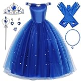 YOSICIL Prinzessin Cinderella Aschenputtel Kostüm Kleid Verkleidung mit Krone Handschuhe Verkleidung Mädchen Kleid Dress Up Cosplay Fancy Party Outfit für Mädchen,blau,150