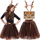 Pipihome Karneval Reh Kostüm Damen, Faschingskostüme Damen mit Brauner Tutu Tüllrock, Reh Geweih Blüten Haarreif und Tattoo, Kostüm Damen für Fasching, Karneval, Mottoparty Reh Cosplay