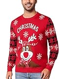 Uniexcosm Weihnachtspullover Herren Lustig Strickpullover Warm Winterpullover Ugly Christmas Sweater Rentier Rundhals Strickpulli Pullover für Weihnachtsparty Rot L