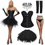 Joellfuner Korsett Damen Set, Corsage Schwarz mit Tüll Rock 45cm, Gothic Vintage Corset Top Kostüm und Tütü Rock, Black Swan Kleidung Accessoires für Damen Karneval Cosplay (Ärmellos, S)