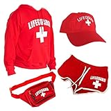 LIFEGUARD Offizielles Lizenzprodukt für Damen, Halloween-Kostüm, Hut, Shorts, Kapuzenpullover, Bauchtasche. - Rot - Medium