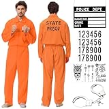 Sträfling Kostüm,Prisoner Overall Kostüm,Orange Prison Jumpsuit,Orange Prisoner Costume,Orange Gefangener Overall,Häftling Kostüm Orange,Gefangener Kostüm,Herren Damen Cosplay Mottoparty Karneval