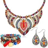 Boho Schmuck Set Ethnischer Stil Stamm Choker Kostüm Ethnische Halskette Elastisches Boho Mehrschichtiges Perlen Armband Böhmische Vintage Ohrringe für Frauen Mädchen Präsent