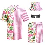 Harloon 4-teiliges Herren-Hawaii-Hemd und Shorts-Set, Strand-Outfit, Flamingo-Druck, Halloween, tropischer Anzug mit Fischerhut, Sonnenbrille, Flamingo, X-Large