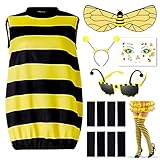 Singtis Biene Kostüm für Erwachsene Damen, Cosplay Kostüm 11 Set Bild Bienenkostüm Kit Bumblebee Kostüm mit Kopfschmuck, Gestreiftes Top, Wings, Socken, Bienengläser, Tattoos, Klettverschluss