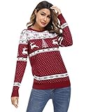 Irevial Christmas Sweater Damen Weihnachtspullover Lustiger Pullover mit Rentier Streifenmuster Rundhals Langarm Strickpulli Warm Hässlicher Weihnachtspulli für Winter und Party Rot S