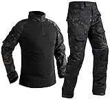 Czen Herren Tactical Shirt Militär Hemden Langarm Shirts Hosenanzüge Airsoft BDU Shirt Paintball Camouflage Outfit (BlackCp, L)