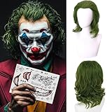 Joker Perücke Herren Perücke Grün für Joker Kurz Grün Perücken Locken Clown Perücke Grüne,Joker Makeup Gesichtsfarbe *3,Tattoo-Aufkleber,Schwarze Haarnetz,für Halloween Fasching Karneval Kostüm Party