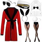Mepase 10 Pcs Herren Samt Robe Jacke Gürtel Kapitän Hut Sonnenbrille Frauen Bunny Cosplay Rolle Kostüm Strümpfe Set für Halloween Party Paar Kostüm