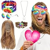 DAJASD Hippie Perücke Kostüm Set, 5 Stück Hippie Kleidung Damen Herren Accessoires, Hippie Kostüm Zubehör, Hippie Schmuck für 60er 70er Jahre Themenparty Karneval Party