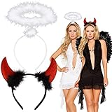 BOFUNX 2 Stücke Engel und Teufel Hörner Stirnband, Halloween Engel Heiligenschein Haarreif Rot Teufelshörner Haarreif für Kinder Erwachsene Karneval Kostüm Cosplay Party Outfit
