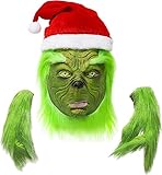 SINSEN Weihnachten Grinch Maske Erwachsene Flauschige Handschuhe Monster Latex Vollkopfmaske Weihnachts Halloween Karneval Cosplay Kostüm Maske