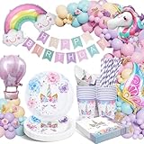 HLEIUKT Einhorn Geburtstag Party Geschirr, Pappteller Kindergeburtstag Set, Einhorn Geburtstag Partygeschirr mit Luftballons, Einhorn Geburtstagsdeko Party Tischdecke für Kinder, Geburtstag Mädchen
