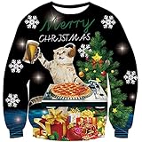 Fanient Weihnachtspullover für Herren 3D Drucken DJ Cat Muster Ugly Christmas Sweater L