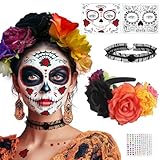 Halloween Karneval Tag der Toten Haarreif und Totenkopf Gesichtstattoo, Mexikanischen Blumen Kronen Kopfschmuck Fasching Damen Accessoires, Dia de los Muertos Kostüm Haarschmuck Schminke Zubehör