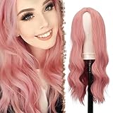 FESHFEN Lange Lockige Rosa Perücke, 55 cm Mittelscheitel Frauen Perücken Natürlich synthetische Perücken Damen Locken Wavy Wig für Party Täglich Long Wavy Wig