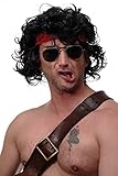 WIG ME UP - 3089-1 Perücke Karneval Fasching Herrenperücke 80er Jahre Proll Tanzlehrer Söldner Schwarz Locken rotes Stirnband