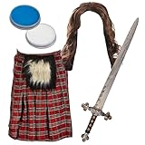 William Wallace Kostüm für Erwachsene – roter Schottenkaro Kilt, lange braune Perücke, gefälschtes Schwert, blau-weiße Gesichtsfarbe – Erwachsenenkostüm Schottische Burns Night