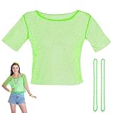 Netzshirt Damen, Netzoberteil Damen, 80er Jahre Outfit Damen, 80er Jahre Outfit Damen Accessoire off Shoulder Netzshirt 80erjahre Kleidung 80iger Frauen Neon Party (1 T-Shirt, 2 Halsketten)