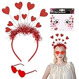 Amor Kostüm Brille Zubehör, Herz Stirnband Rot, Glitzer Herz Haarreif mit Herz Gesicht Sticker, Valentinstag Haarreif Sonnenbrille, Herzen Stirnband Damen Accessoires für Valentinstag Karneval Party