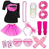 80er Jahre Outfit Damen, 10PCS 80er Jahre Kleidung Accessoires Damen Set, Neon Party Outfit, Lips Print T-Shirt Rock mit 80er Jahre Ohrringe Halskette für Geeignet für 80er Jahre Outfit Damen Party