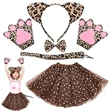 Lvefyti 6 Stück Leoparden Kostüm Kinder mit Tutu Rock Fliege Leopardenohren Haarreif Schwanz Handschuhe Tierkostüm für Mädchen Karneval Halloween Fasching Geburtstag Mottoparty(Leopard-Star Tutu)
