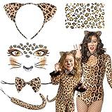 Leoparden Kostüm Set, 5 Stück Leoparden Kostüm Damen Leopard Kostüm Kinder,Leoparden Ohren Haarreif,Leopard Schwanz,Fliege,Glitzer Tattoo Gesicht Aufkleber Set für Fasching,Karneval,Party Animals