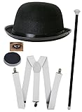 Zubehör-Set für Erwachsene - Uhrwerk Film Kostüm - Schwarzer Bowler-Hut, Weiße Hosenträger, Stock und Schwarze Gesichtsfarbe - 3-Teiliges TV/Film-Set