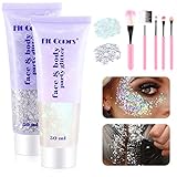 Body Glitter Gel 2 x 50ml Set, PAMIYO Festival Glitzer Gesicht Mermaid Sequins Chunky mit Pinsel, Long Lasting Glitter Powder for Festival Masquerade Birthday Makeup Outfit Damen (White+Silver)
