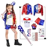 Quinn Kostüme Cosplay für Kinder, Kostüm Harley Cosplay Costume Set, Quinn Cosplay Kostüme Set mit Jacke, T-Shirt, Shorts, Handschuh Perücken Tattoo Baseballschläger für Karneval Halloween Cosplay