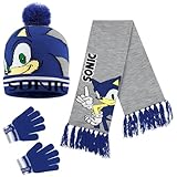 SONIC THE HEDGEHOG Mütze Jungen Schal Handschuhe Set Kinder Wintermütze Set (4-15 Jahre, Blau/Grau 3 Stück)