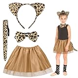 Fennoral 4tlg Leoparden Kostüm Kinder Leopardenohren Haarreif mit Brauner Tüllrock Schwanz Fliege Jaguar Cosplay für Karneval Halloween Fasching Geburtstag Mottoparty
