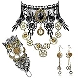 HOWAF Steampunk Accessoires Steampunk Kostüm Damen, Zahnräder Steampunk Halskette Spitze Gotisch Choker Halskette Armbänder Steampunk Ohrringe Gothic Schmuck Frauen Mädchen Halloween Karneval Kostüm