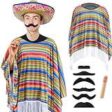 HICARER 3 Stück Karneval Mexikanischer Kostüm mit Buntem Festival Serape Poncho Western Cowboy Festliche Schnurrbart Lustige Gefälschte Zigarre für Erwachsene Herren Frau Einheitsgröße (Klassisch)
