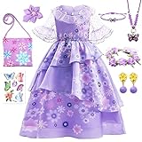 Tacobear Encanto Kostüm Kinder Isabella Mirabel Kleid Dolores Luisa Kostüm mit Umhängetasche Schmuck Tattoo Prinzessin Verkleidung Mädchen für Karneval Halloween Party Geburtstag (Isabella, 3-4 Jahre)
