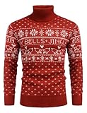 COOFANDY Weihnachtspullover Herren Hässlich Weihnachten Rollkragenpullover Strick Norweger Pullover Rot XL