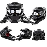 Motorradhelm, Predator Integralhelm Mit LED-Leuchten Und Versilberten Linsen, Unisex ABS-Material Schale EPS-Pufferschicht,Schwarz,M