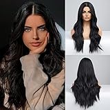 HAIRCUBE Lange schwarze Perücke für Frauen, Kunsthaar, gelockt, Mittelscheitel.