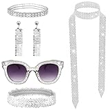 70er Jahre Disco Outfit Damen Accessories 5 Stück, 70er 80er Disco Pailletten Sonnenbrille Glitzer Haarband Quaste Ohrringe Strass Halskette Armband Kostüm Zubehör Set für Fasching Party Karneval