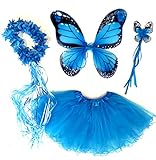 Tante Tina Schmetterling Kostüm Mädchen - 4-teiliges Mädchen Kostüm Schmetterling mit Tüllrock, Flügel, Zauberstab und Haarreif - Monarchfalter Blau - geeignet für Kinder von 2 bis 8 Jahren