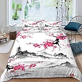 NYSMGS Bettwäsche 135x200 Japanische Kirschblüten Bettwäsche-Set 3 Teilig 3D-Druck Malen Bettbezug 135x200 Mit Reißverschluss Sommer Weiche Mikrofaser Kinder Bettbezüge Mit 2 Kissenbezug 80x 80 cm